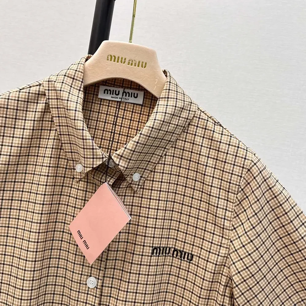 Miu Miu Pleated Check Dress with Embroidered Logo for Women