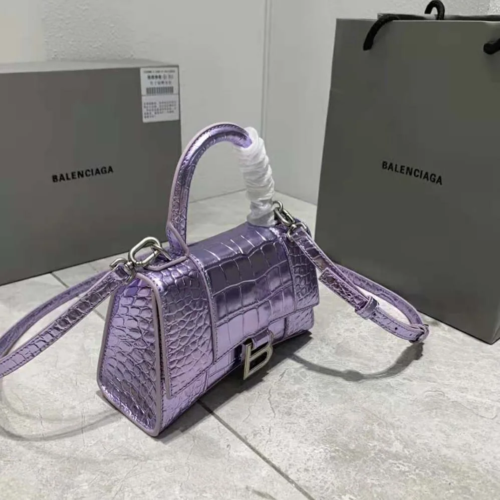 Balenciaga Hourglass XS Handbag Metallized Crocodile Embossed in Purple for Women Balenciaga Hourglass XS Handbag Metallized Crocodile Embossed in Purple for Women