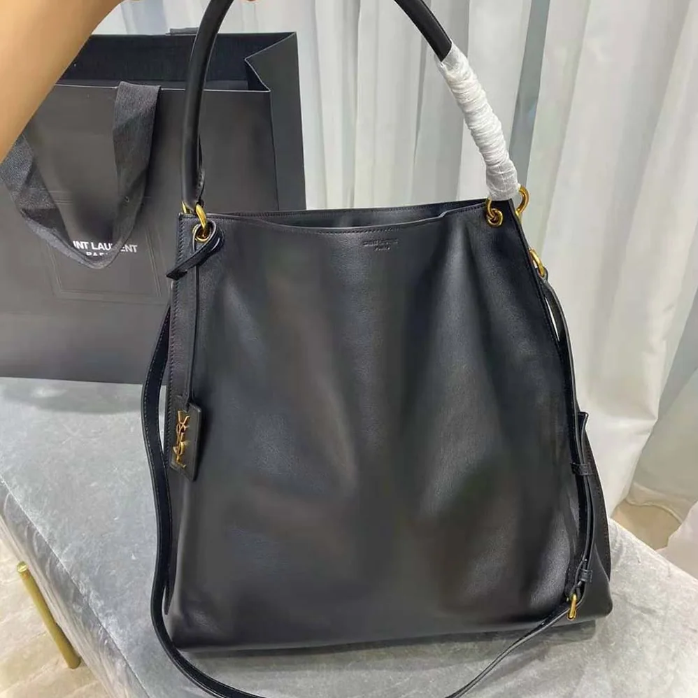 Saint Laurent YSL Tag Hobo Bag in Smooth Saddle Leather for Women in Black