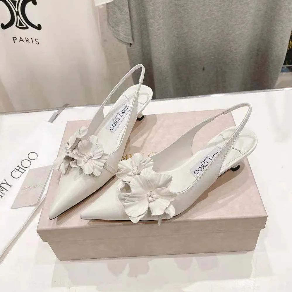 Jimmy Choo Amita Flowers 45 Latte Nappa Leather Sling Back Pumps with Flowers for Women