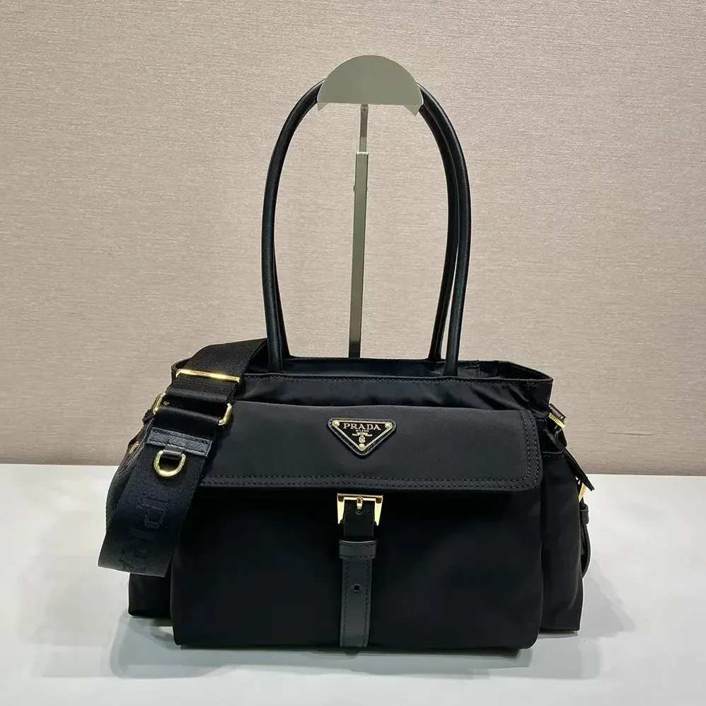Prada Explore Medium Re-Nylon And Leather Tote Bag for Women in Black
