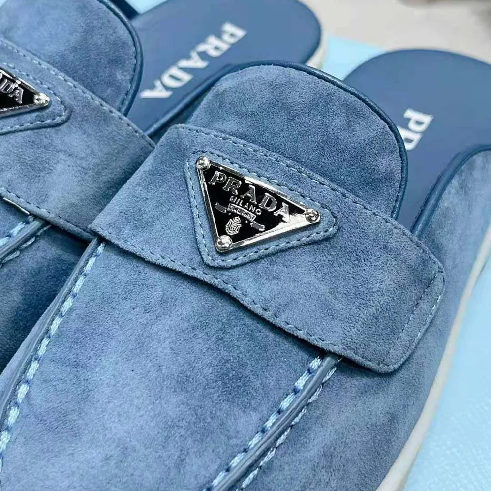 Prada Suede Sabots with the Enameled Metal Triangle Logo for Men