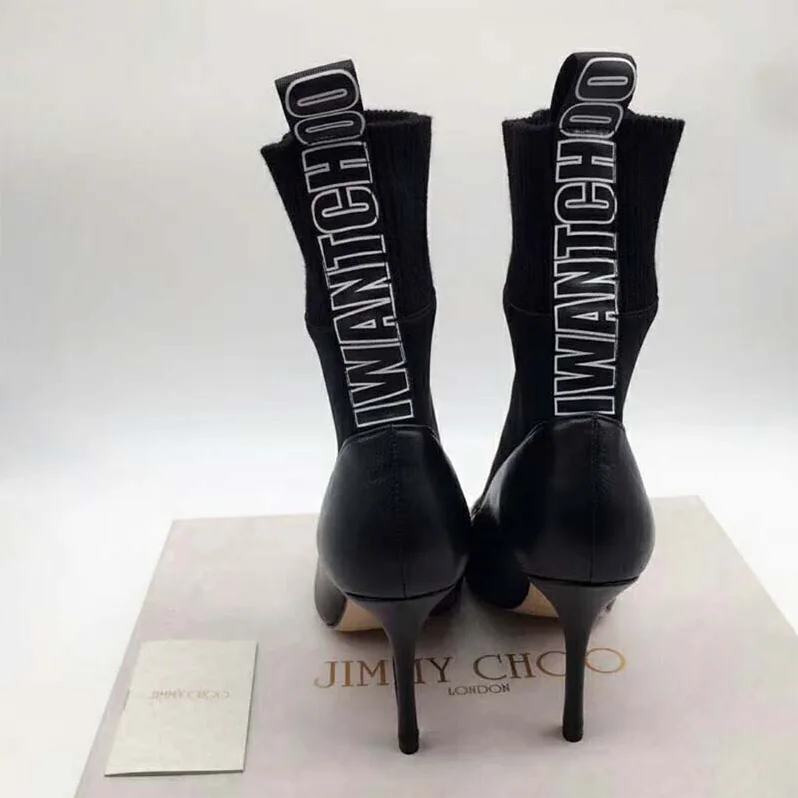 Jimmy Choo Shoes Brandon 85 Black Nappa Leather and Stretch Fabric Sock Ankle Boots for Women Jimmy Choo Shoes Brandon 85 Black Nappa Leather and Stretch Fabric Sock Ankle Boots for Women