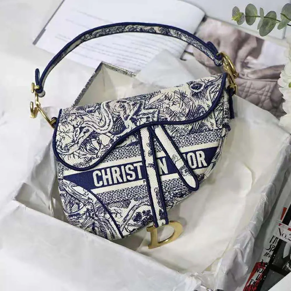 Dior Saddle Bag Blue Toile de Jouy Embroidery for Women