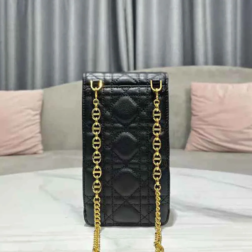 Dior Caro Phone Holder with Chain Black Supple Cannage Calfskin for Women