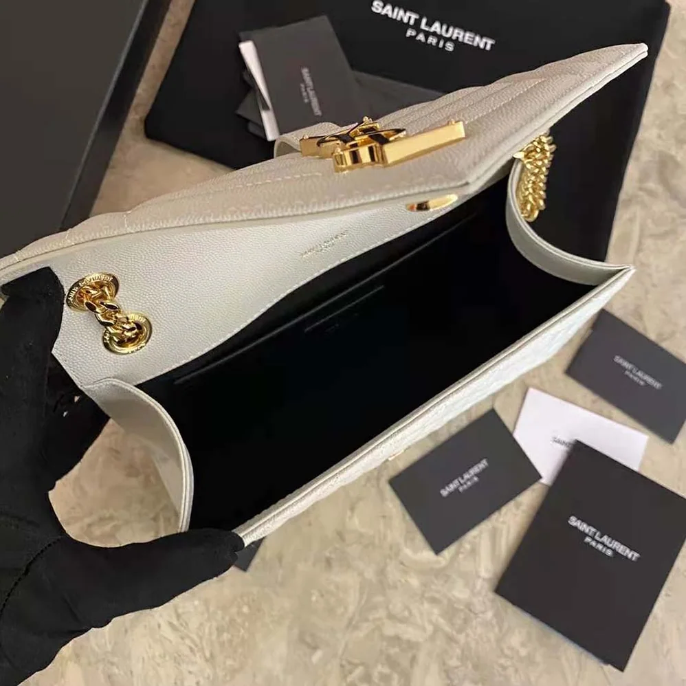 Saint Laurent YSL Envelope Medium Bag in Mix Matelasse Grain DE Poudre Embossed Leather for Women in White