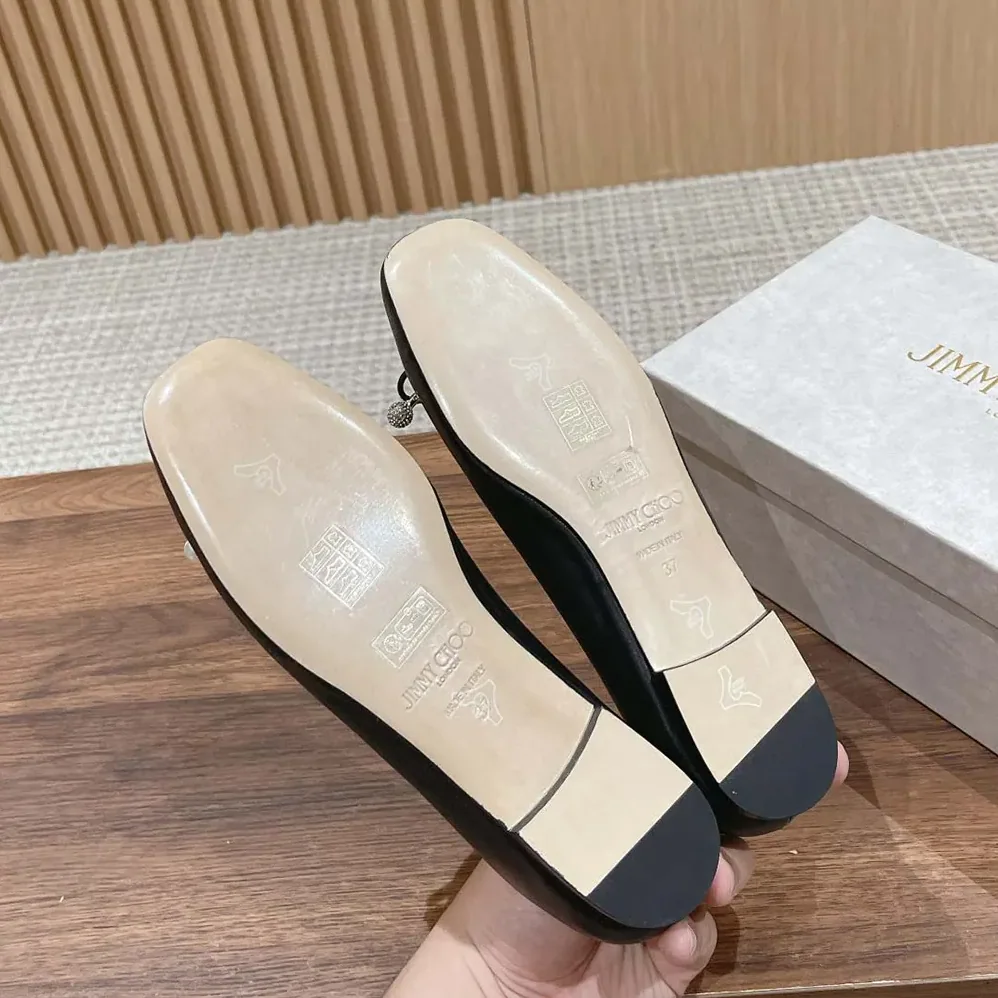 Jimmy Choo Elme Flat Black Nappa Leather Flats with Pearl Embellishment for Women Jimmy Choo Elme Flat Black Nappa Leather Flats with Pearl Embellishment for Women