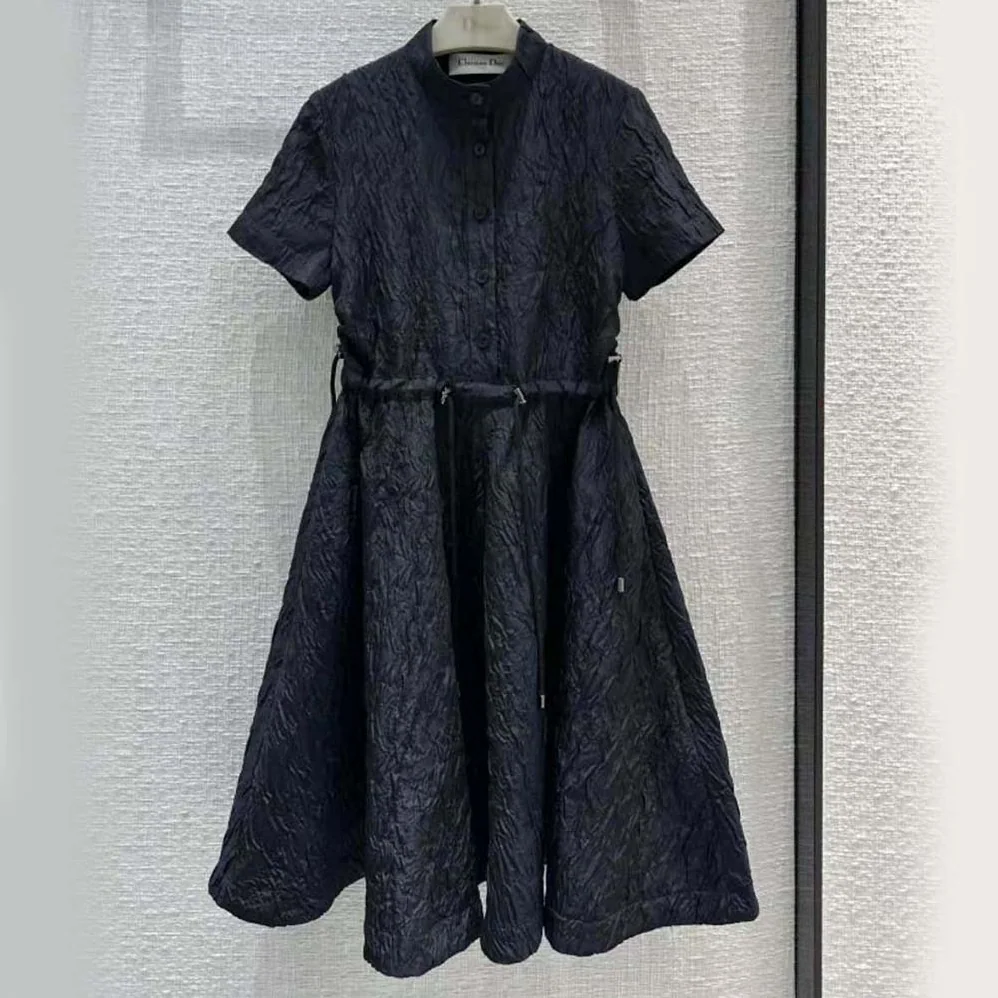 Dior Short Flared Dress Black Matte Cloqué for Women in Effect Technical Fabric Dior Short Flared Dress Black Matte Cloqué for Women in Effect Technical Fabric