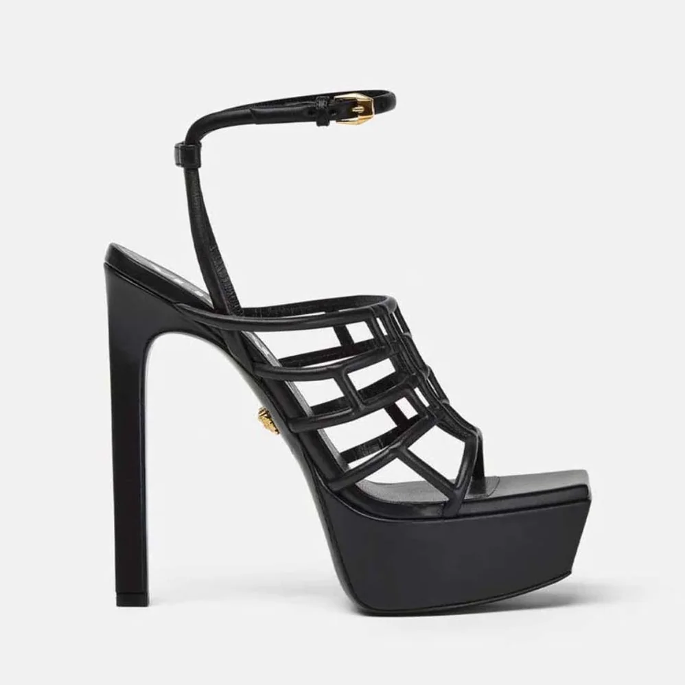 Versace Greca Maze Platform Sandals in 15cm Heel Height for Women in Black
