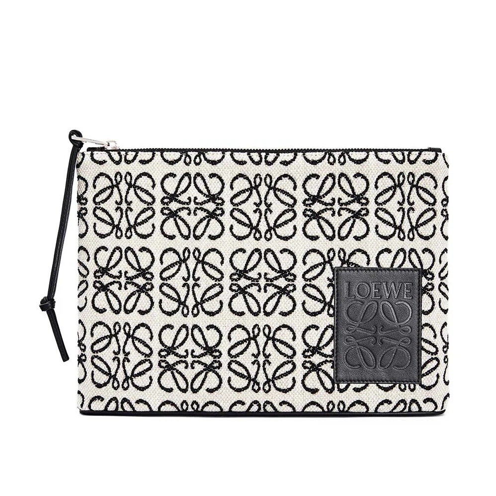 Loewe Oblong Anagram Pouch in Jacquard and Calfskin for Women in Black Loewe Oblong Anagram Pouch in Jacquard and Calfskin for Women in Black