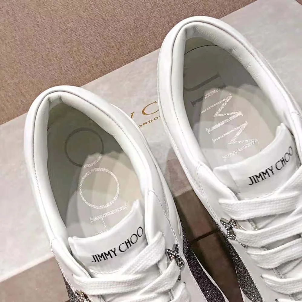 Jimmy Choo Hawaii/f White Calf Leather Lace-Up Trainers with Glitter Stripe for Women Jimmy Choo Hawaii/f White Calf Leather Lace-Up Trainers with Glitter Stripe for Women