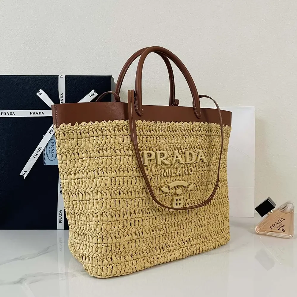Prada Medium Crochet and Leather Tote Bag for Women in Brown Prada Medium Crochet and Leather Tote Bag for Women in Brown