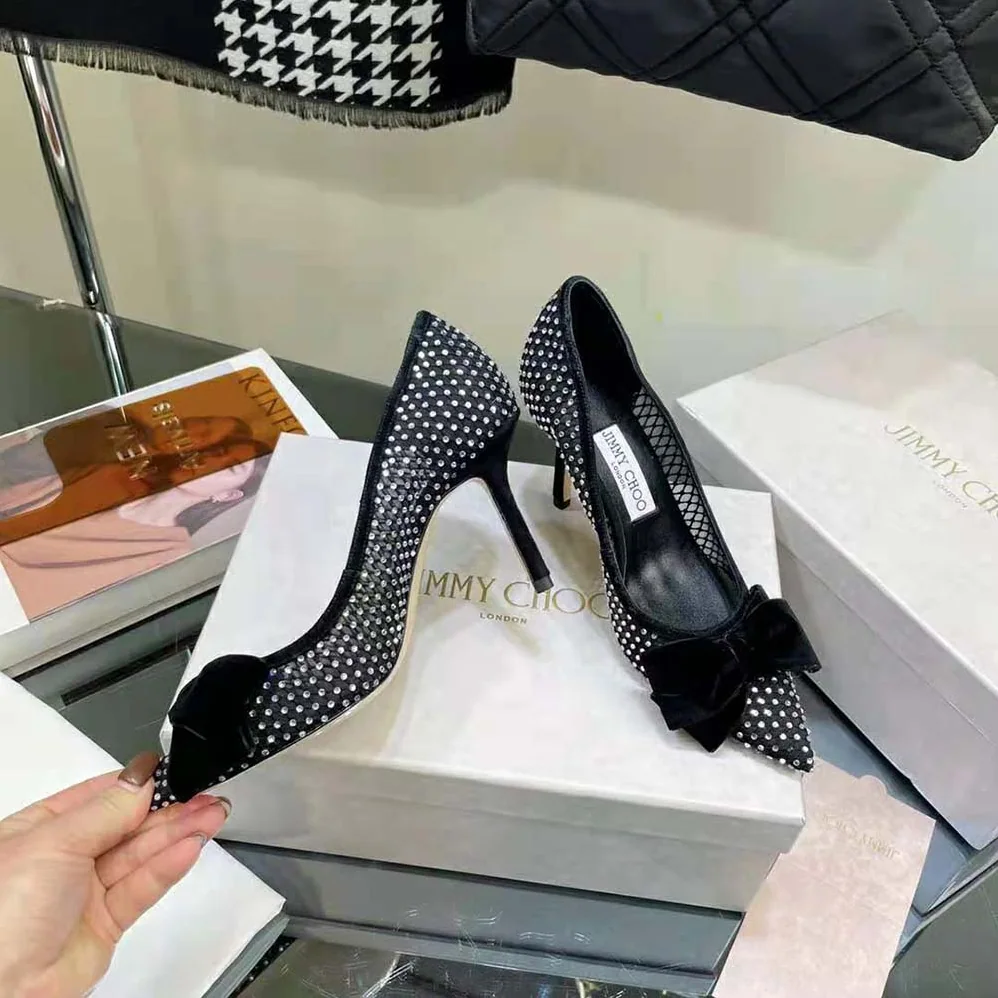 Jimmy Choo Love 100 Black Crystal Mesh Pumps with Bow for Women Jimmy Choo Love 100 Black Crystal Mesh Pumps with Bow for Women