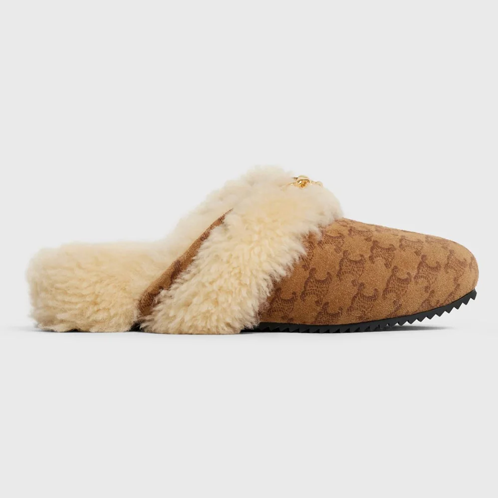 Celine Fur Slides Triomphe Closed Slipper in Suede Calfskin and Shearling for Women Celine Fur Slides Triomphe Closed Slipper in Suede Calfskin and Shearling for Women