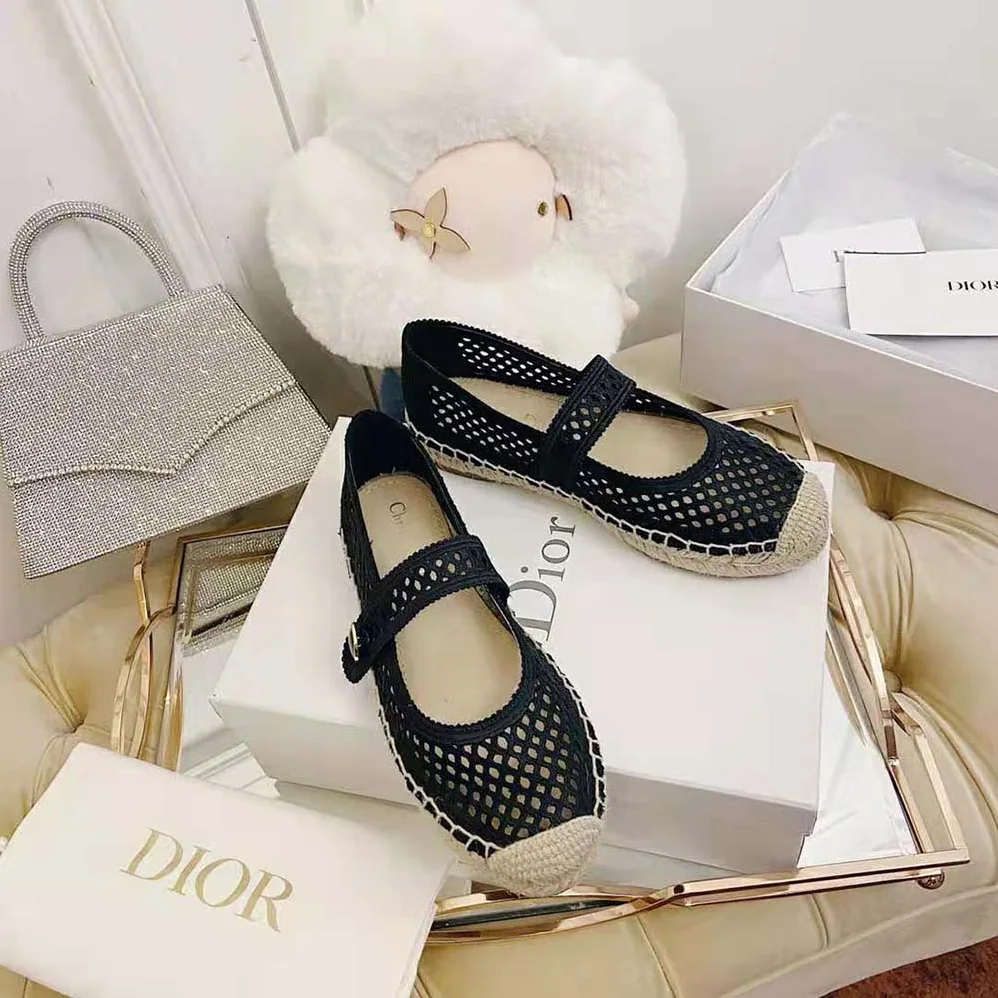 Dior Dior Caro Espadrille Ballerina Flat Black Mesh Embroidery for Women Dior Dior Caro Espadrille Ballerina Flat Black Mesh Embroidery for Women