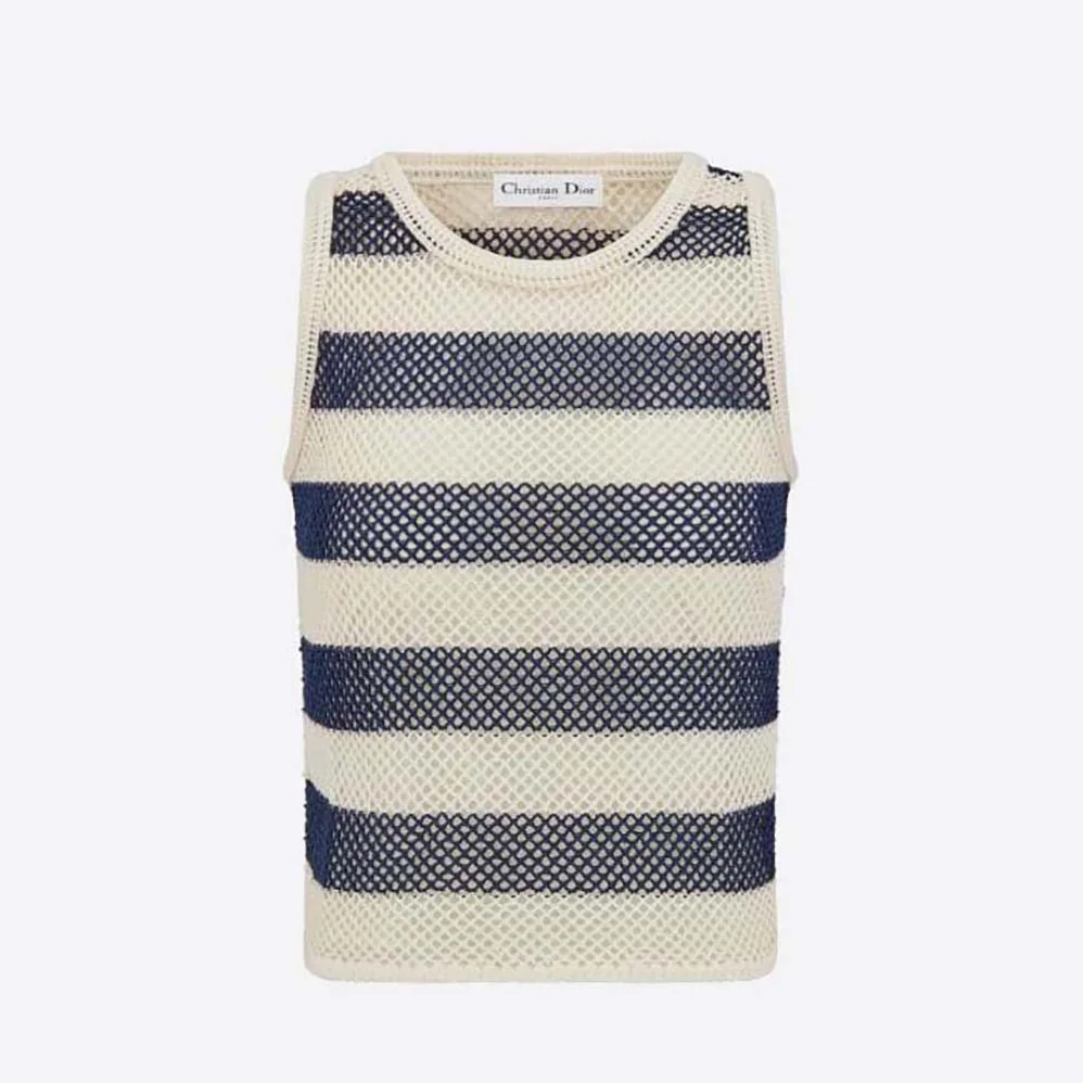 Dior Marinière Cardigan Top Navy Blue and White Openwork Cotton Knit for Women Dior Marinière Cardigan Top Navy Blue and White Openwork Cotton Knit for Women
