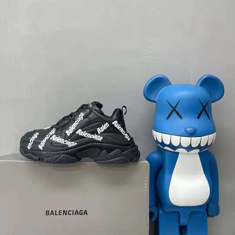 Balenciaga Triple S Logotype Sneaker in Black and White Technical Material for Women