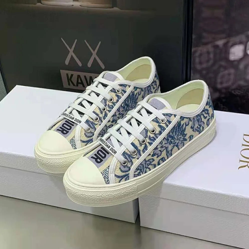 Dior Walk'N'Dior Sneaker Duck Blue Dior Brocart Embroidered Cotton with Gold for Women in Tone Metallic Thread