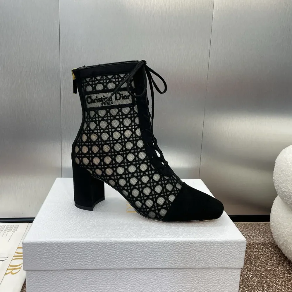 Dior Naughtily-D Heeled Ankle Boot Transparent Mesh Embroidered with Black for Women
