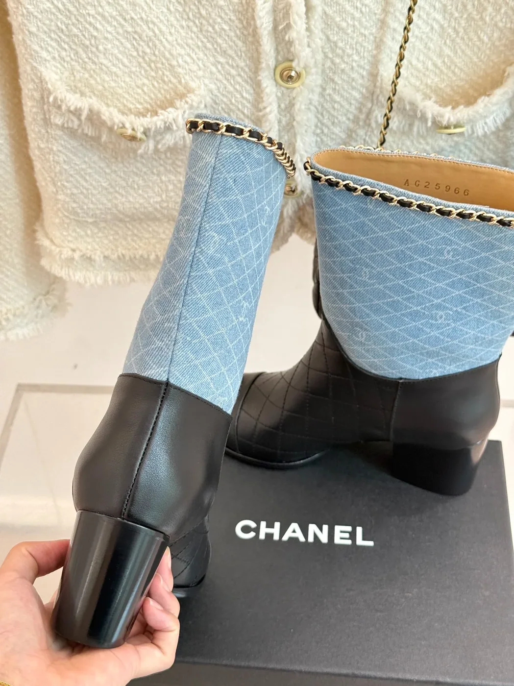 Chanel Double C Chunky Heel Boots With Chain Detail Light Blue Denim