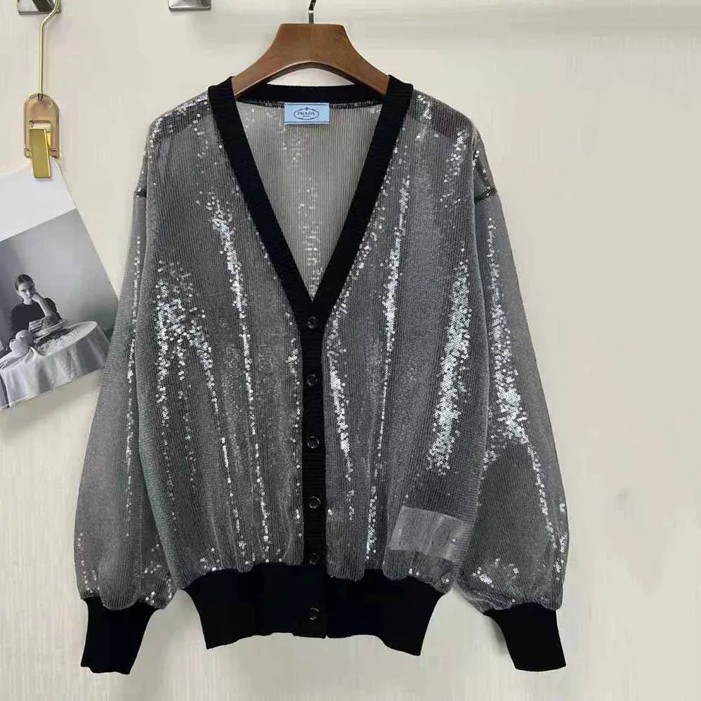 Prada Sequin-Embroidered Tulle Cardigan for Women in Black