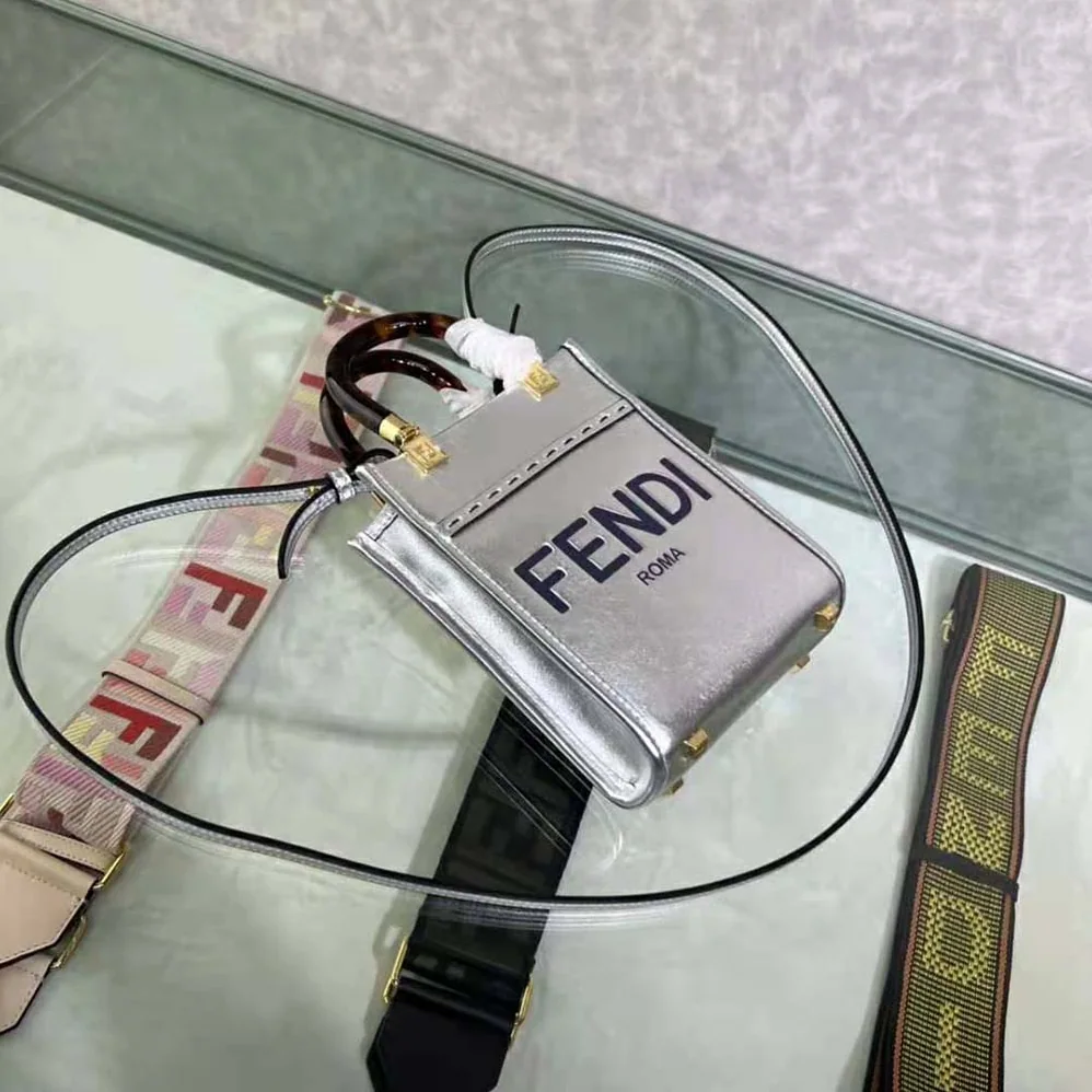 Fendi Mini Sunshine Shopper Silver Laminated Leather Shopper for Women Fendi Mini Sunshine Shopper Silver Laminated Leather Shopper for Women