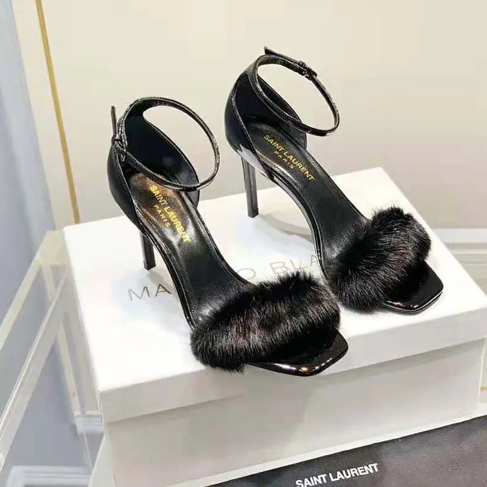 Saint Laurent YSL Bea Sandals in Patent Leather and Mink for Women Saint Laurent YSL Bea Sandals in Patent Leather and Mink for Women