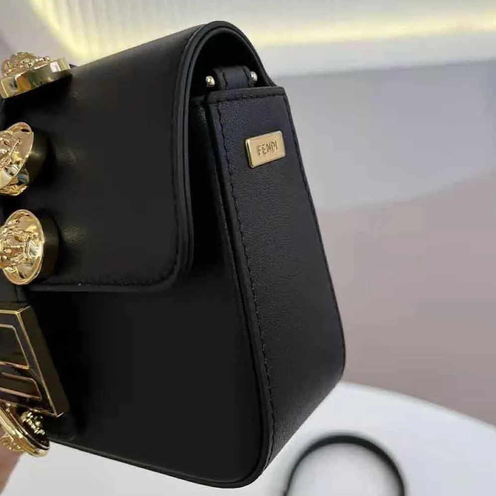 Fendi Brooch Mini Baguette Fendace Black Leather Bag for Women Fendi Brooch Mini Baguette Fendace Black Leather Bag for Women