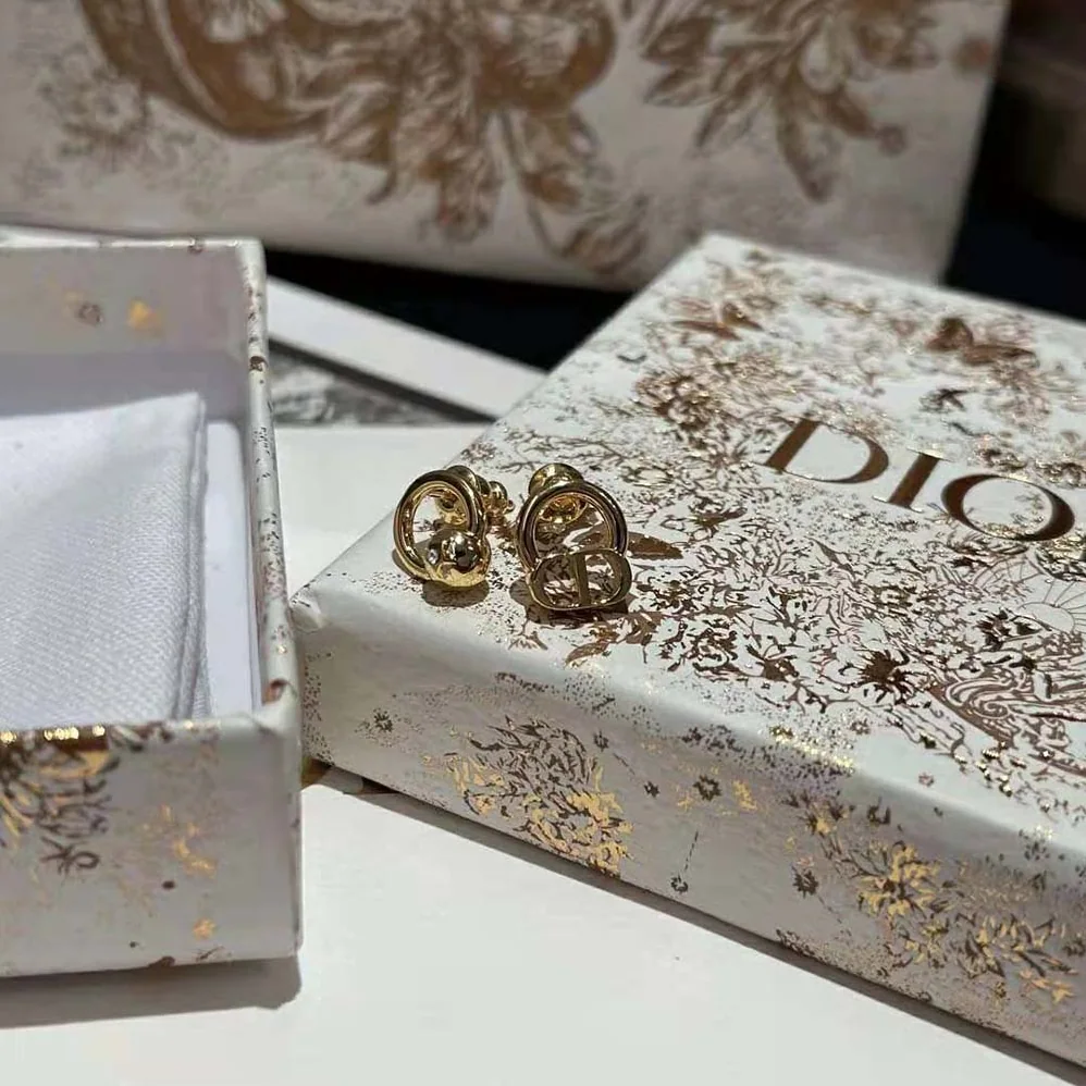 Dior Petit CD Stud Earrings Gold-Finish Metal with a White Crystal for Women Dior Petit CD Stud Earrings Gold-Finish Metal with a White Crystal for Women