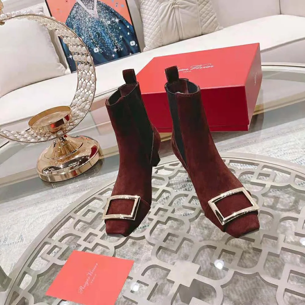 Roger Vivier Trompette Metal Buckle Chelsea Booties in Suede for Women in Maroon Roger Vivier Trompette Metal Buckle Chelsea Booties in Suede for Women in Maroon