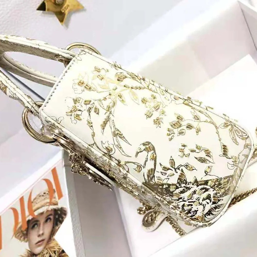 Dior Mini Lady Dior Bag White Calfskin with Gold-Tone Printed and Bead-Embroidered Dior Jardin D'Hiver Motif for Women Dior Mini Lady Dior Bag White Calfskin with Gold-Tone Printed and Bead-Embroidered Dior Jardin D'Hiver Motif for Women