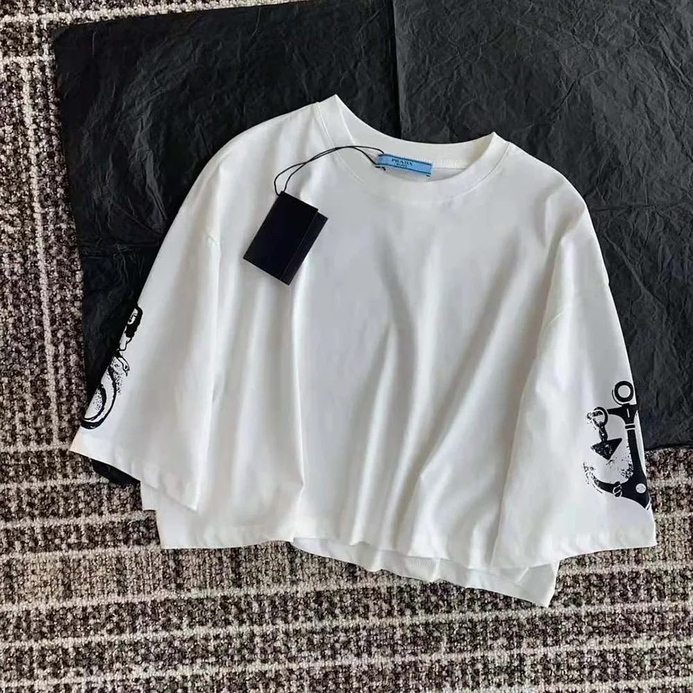 Prada Cropped Printed Jersey T-Shirt for Women in White Prada Cropped Printed Jersey T-Shirt for Women in White