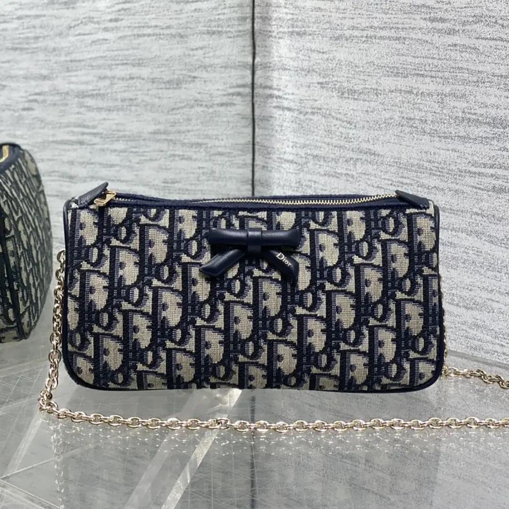 Dior Oblique Bow Pouch with Chain Blue Dior Oblique Jacquard for Women