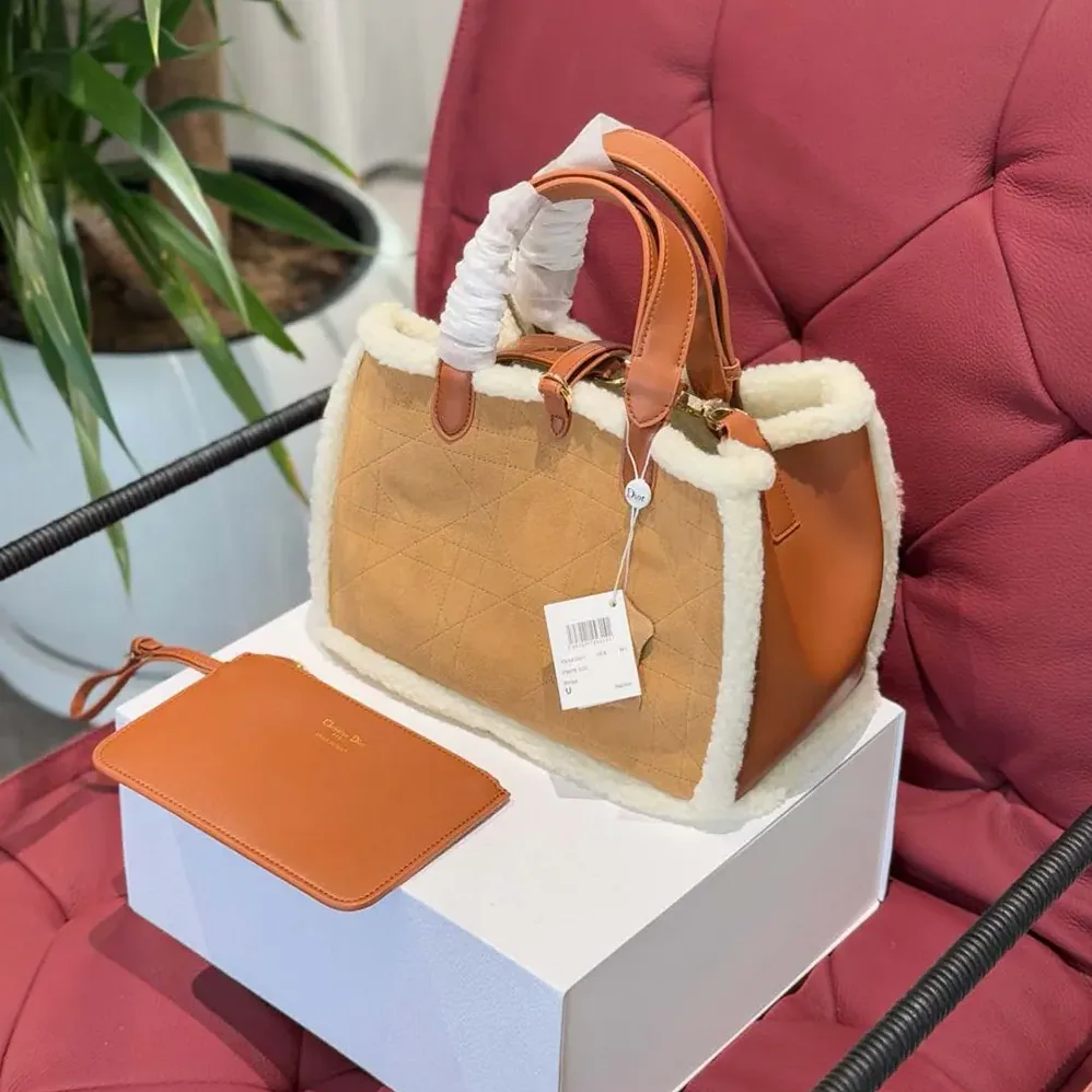 Dior Medium Dior Toujours Bag Beige Macrocannage Suede and Ecru Lambskin Shearling for Women
