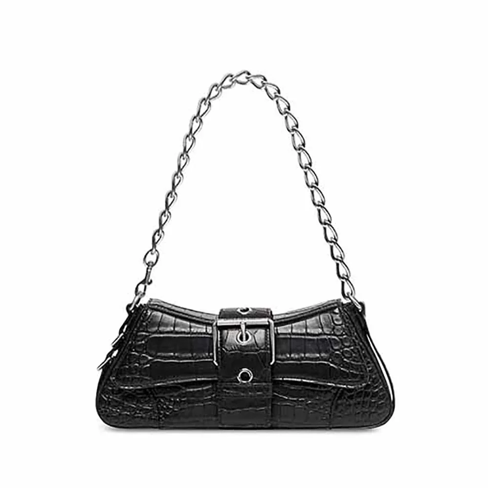 Balenciaga Lindsay Small Shoulder Bag with Strap Crocodile Embossed for Women in Black