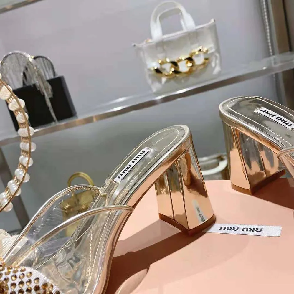 Miu Miu Vinyl and Metallic Leather Sandals with Crystals for Women