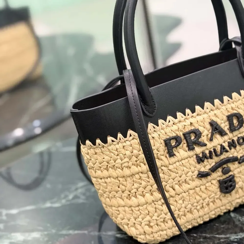 Prada Mini Crochet and Leather Tote Bag for Women Prada Mini Crochet and Leather Tote Bag for Women