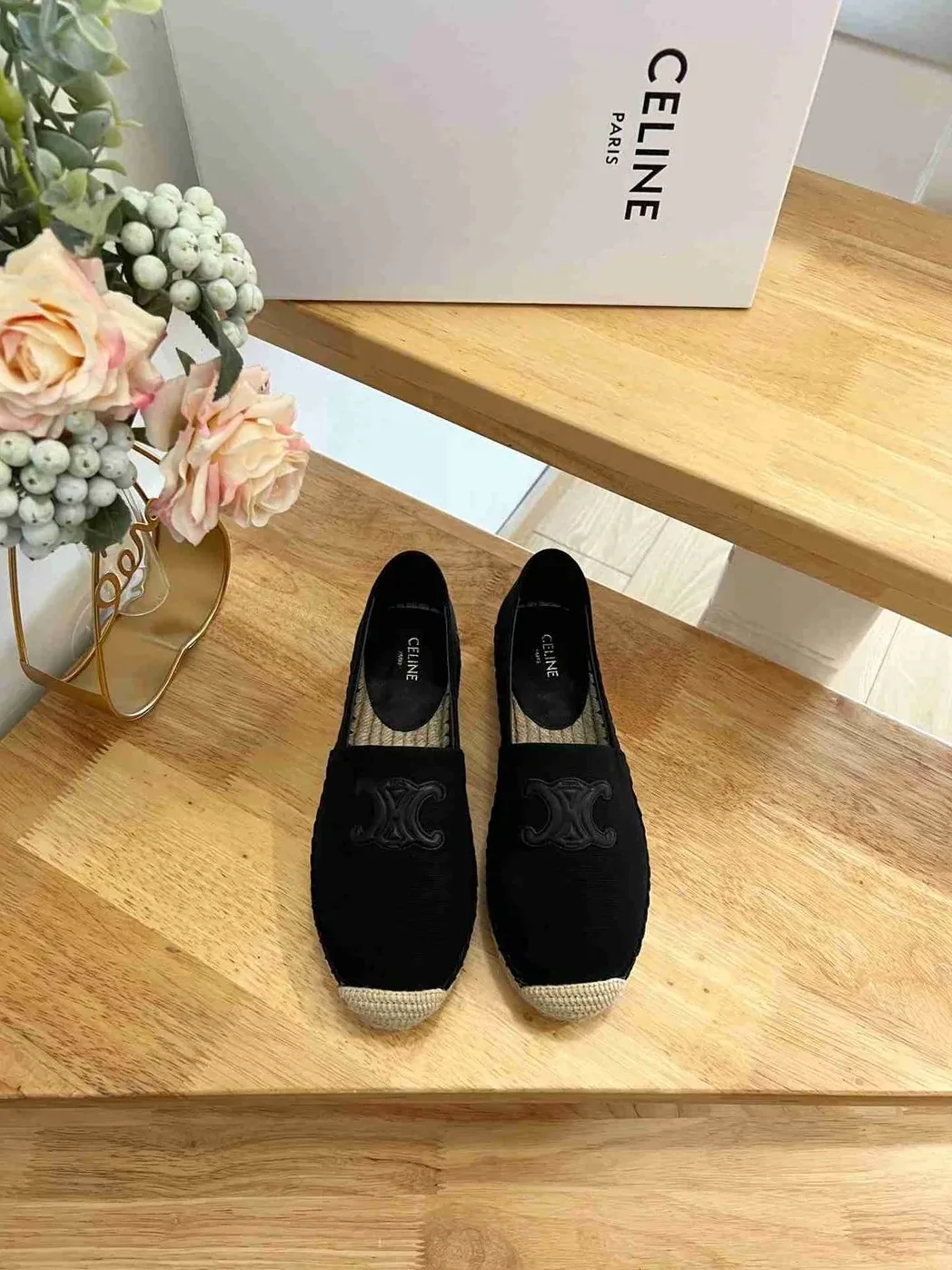 Celine Flat Espadrille With Triomphe Patch In Tweed Black Celine Flat Espadrille With Triomphe Patch In Tweed Black