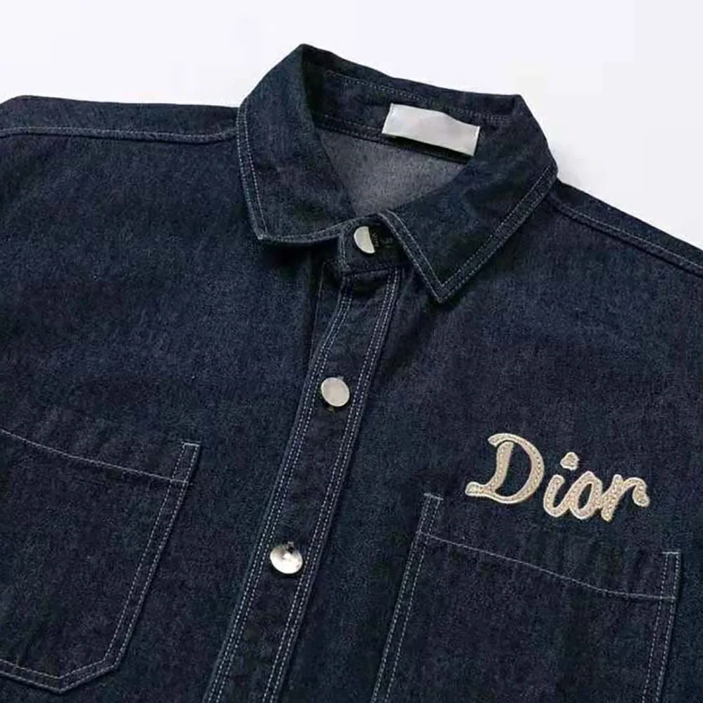 Dior Overshirt Navy Blue Flocked Technical Cotton Denim for Men Dior Overshirt Navy Blue Flocked Technical Cotton Denim for Men