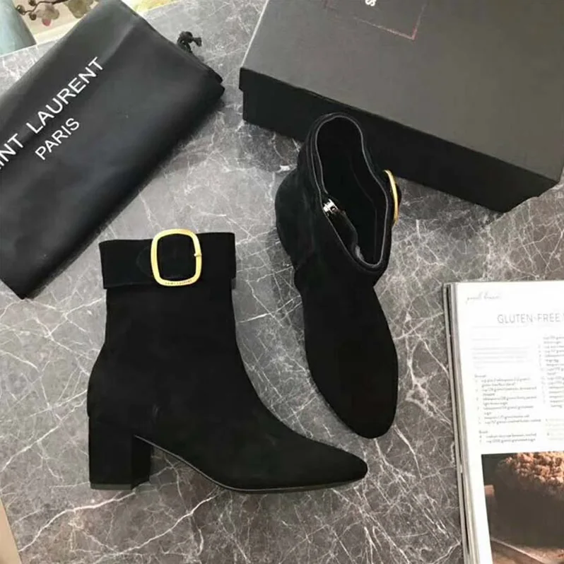 Saint Laurent YSL Shoes Joplin Buckle Bootie in Suede for Women in Black