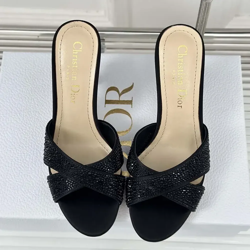 Dior Dior Tribales Heeled Slide Black Suede Calfskin and Strass for Women