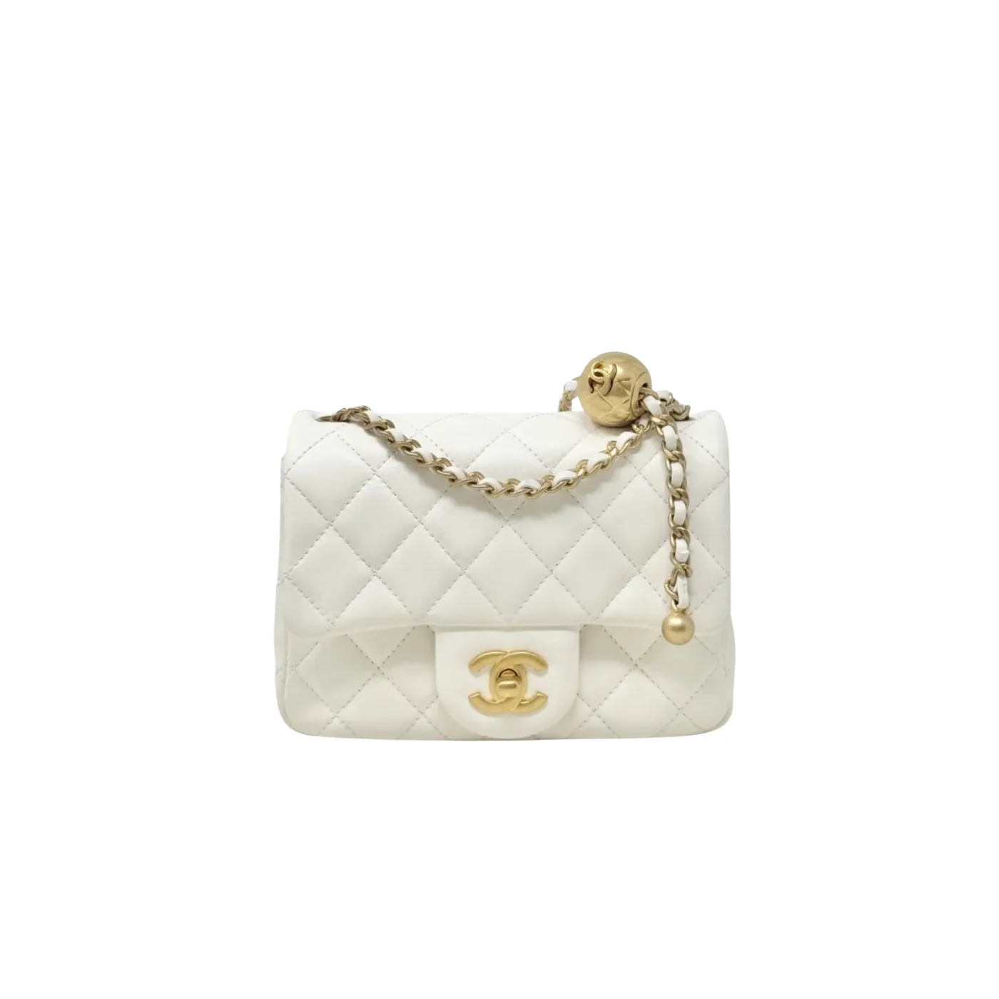 Chanel Flap Bag With CC Ball On Strap Mini Crossbody in White Gold Hardware Chanel Flap Bag With CC Ball On Strap Mini Crossbody in White Gold Hardware