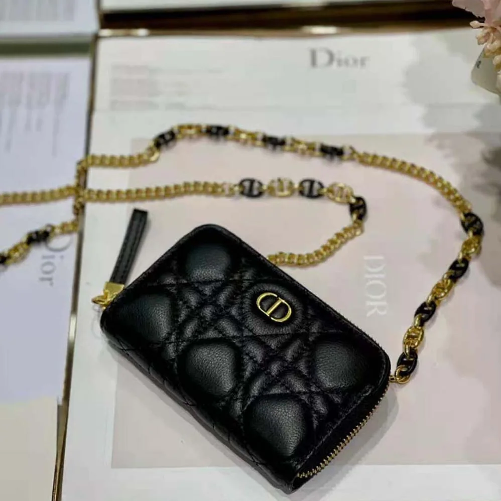 Dior Caro Detachable Card Holder Black Supple Cannage Calfskin for Women