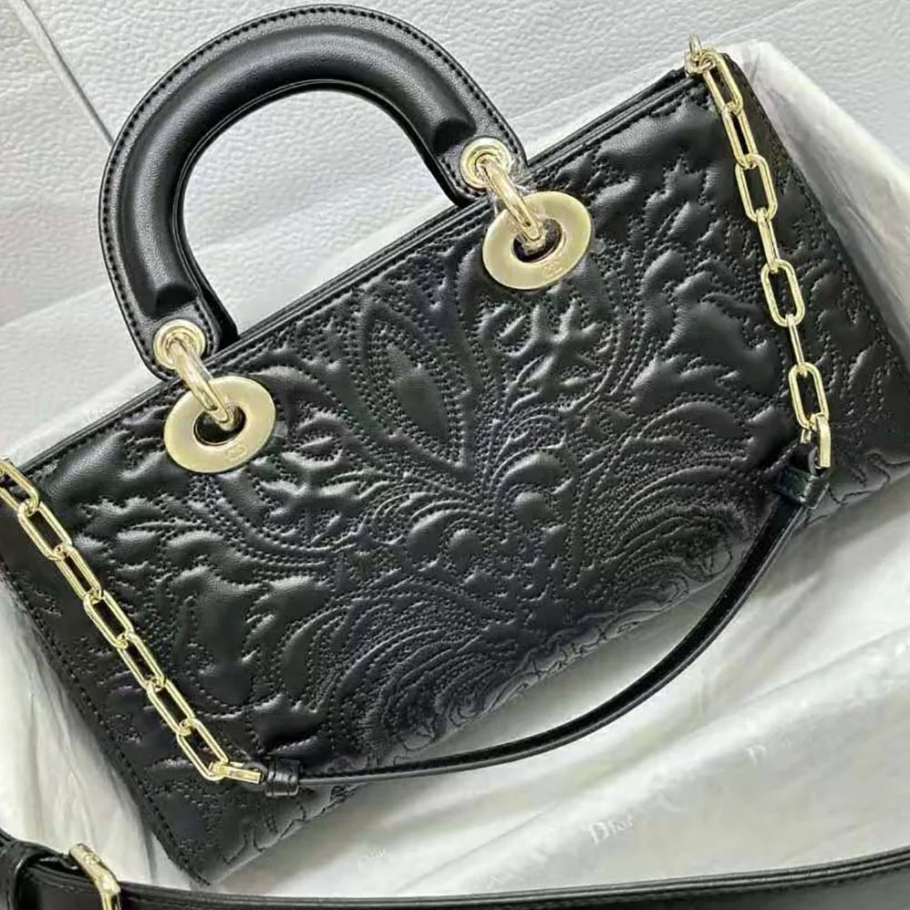 Dior Medium Lady D-joy Bag Black Quilted-Effect Lambskin with Ornamental Motif for Women