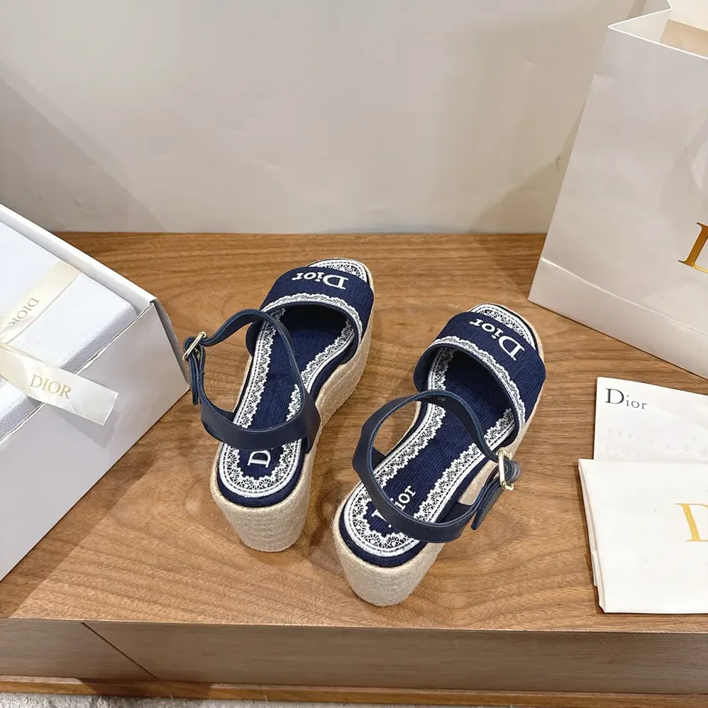 Dior Dentelle Wedge Sandal Navy Blue Dior Oblique Embroidered Cotton and White Lace for Women Dior Dentelle Wedge Sandal Navy Blue Dior Oblique Embroidered Cotton and White Lace for Women