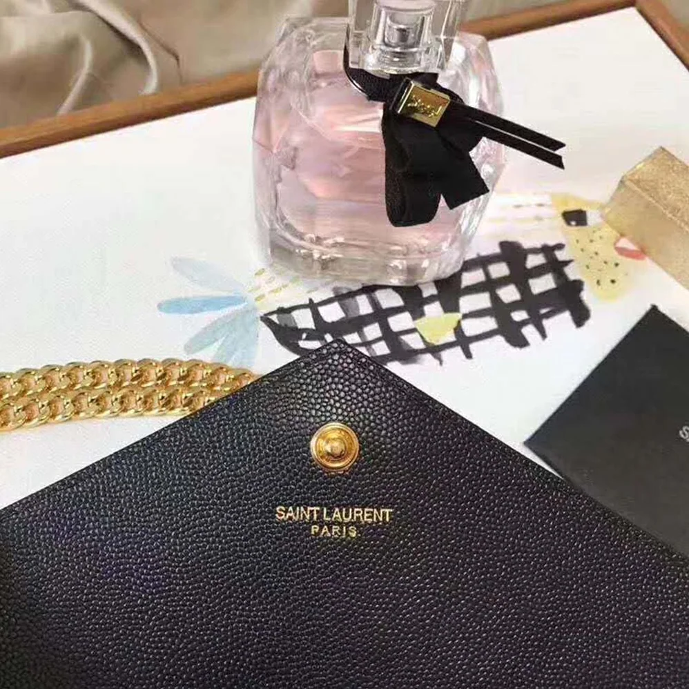 Saint Laurent Monogram Chain Wallet Grain De Poudre Embossed in Gold