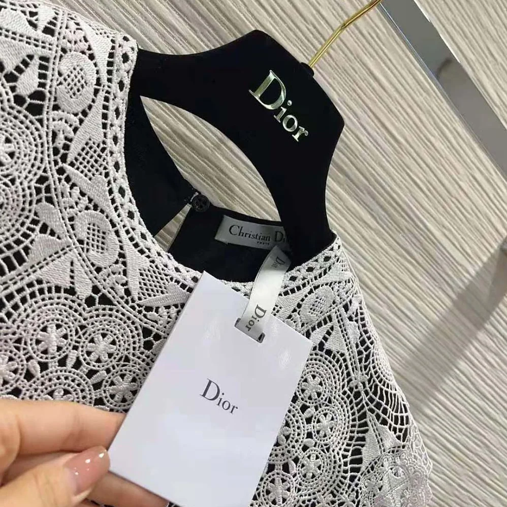 Dior Mid-Length Pleated Dress Black Technical Jersey and White Lace for Women Dior Mid-Length Pleated Dress Black Technical Jersey and White Lace for Women
