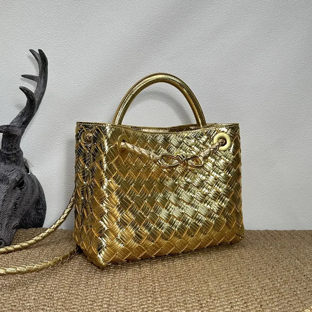 Bottega Veneta Small Andiamo Handle Bag in Intrecciato Leather for Women in Gold