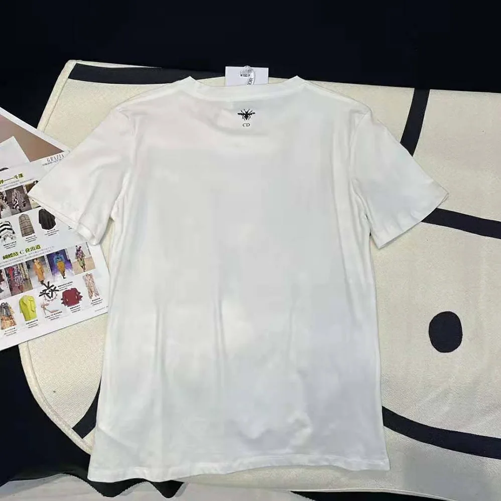 Dior T-Shirt White Cotton and Linen Jersey with Pastel Pink Butterfly Around The World Motif for Women