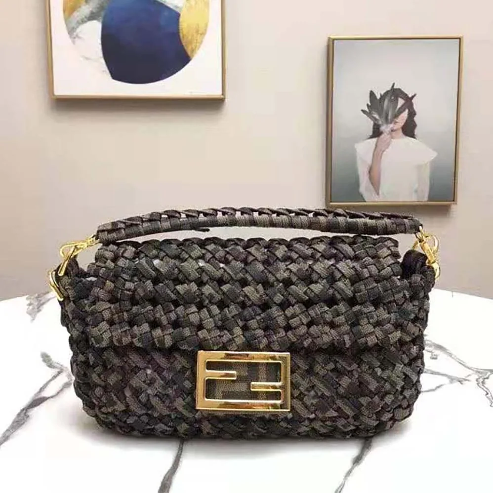 Fendi Baguette Jacquard Fabric Interlace Bag for Women in Olive Fendi Baguette Jacquard Fabric Interlace Bag for Women in Olive